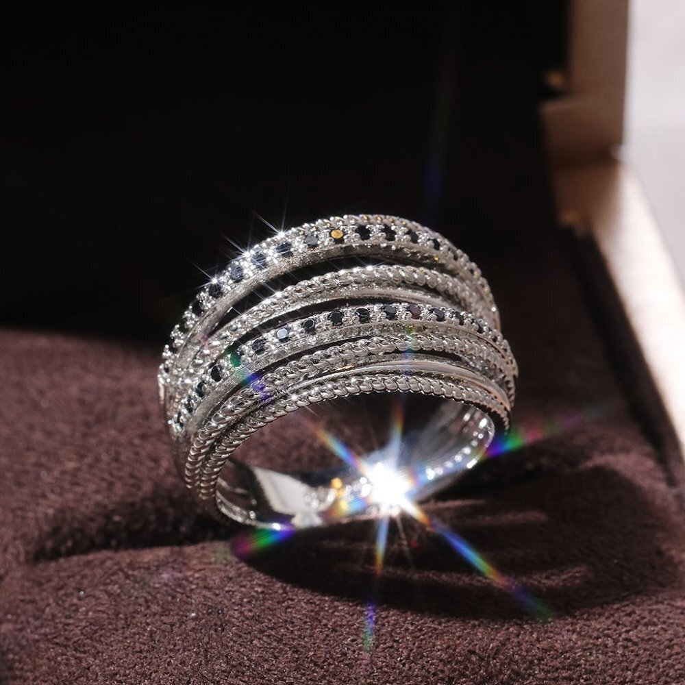 😍Multi Layer Stacking Black Zircon Sterling Silver Plated Ring for Women, L037 - Picture 5 of 8